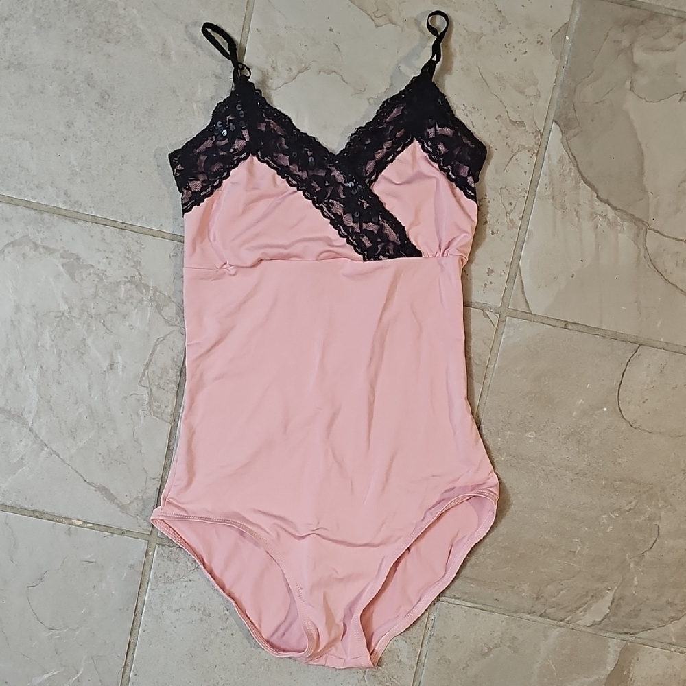 Natalie Dance Wear Sequin & Lace Trim Pink Dance Leotard